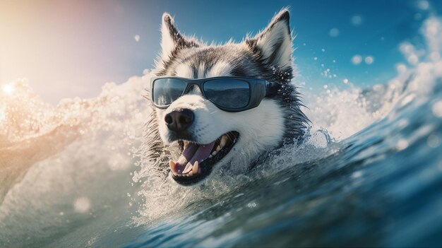 A dog wearing sunglasses swims in the water