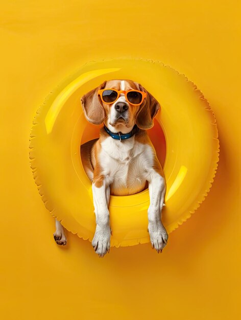 Photo a dog wearing sunglasses that says  goggles  is on a yellow background