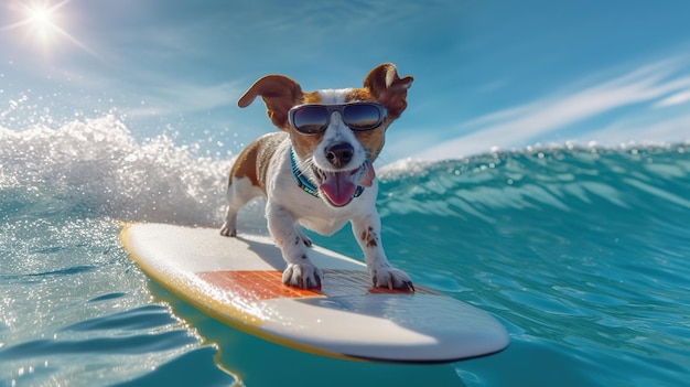 Photo a dog wearing sunglasses and a white and brown dog on a surfboard.