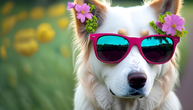 A dog wearing sunglasses with a flower in the middle