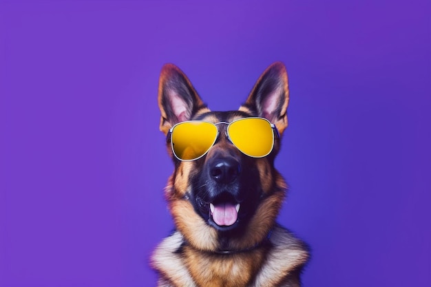 A dog wearing sunglasses and a yellow reflective sunglasses.