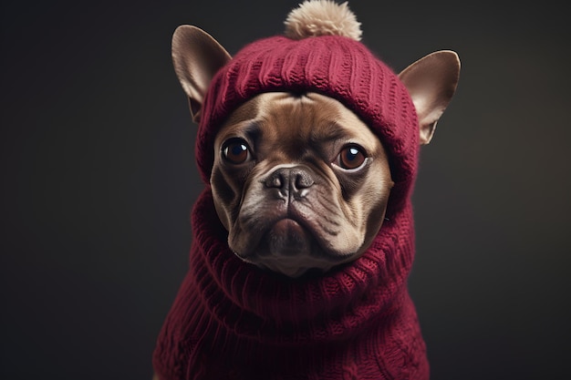 A dog wearing a sweater and a hat