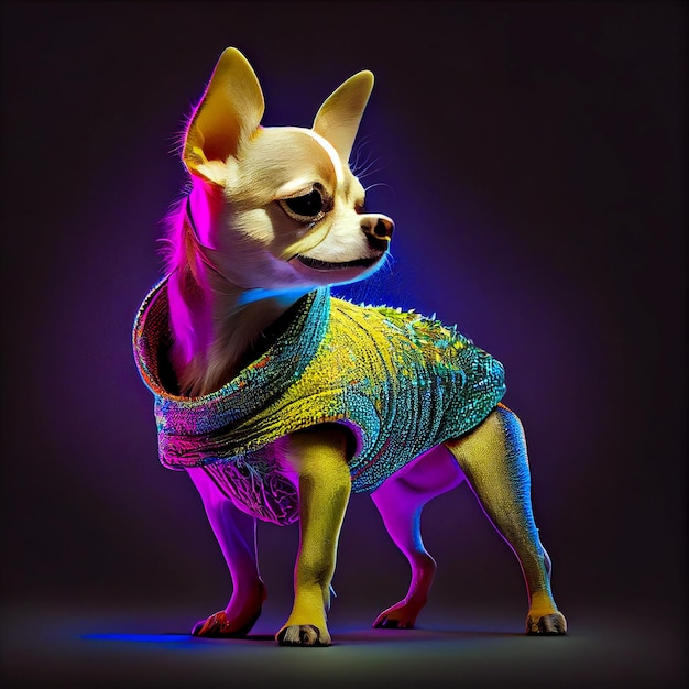 A dog wearing a sweater that says'chihuahua'on it