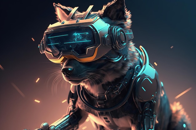 A dog wearing a VR headset with a virtual reality glasses