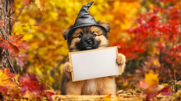 a dog wearing a witch hat holds a sign that says  the word  on it