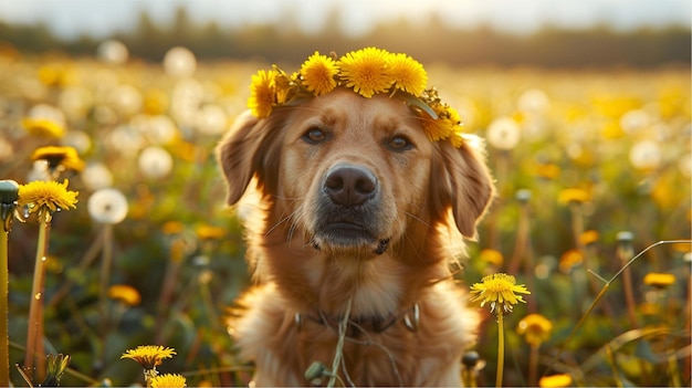 Photo a dog wearing a wreath of flowers in the sun