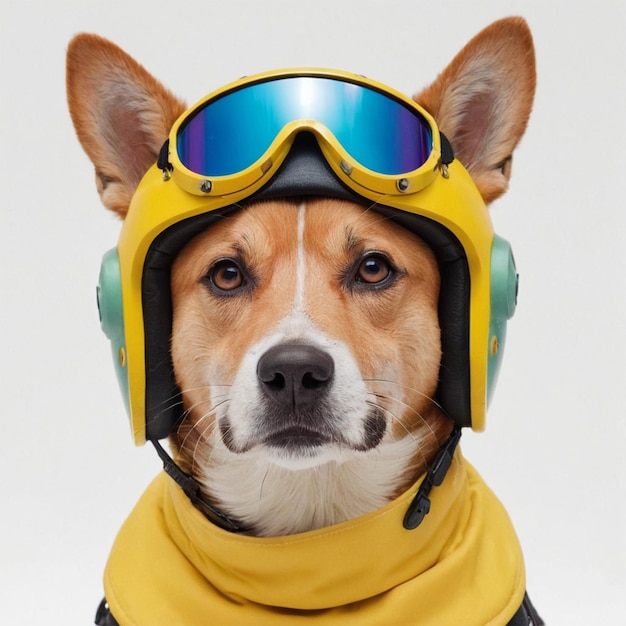 Photo a dog wearing a yellow goggles and goggles with the number 7 on it