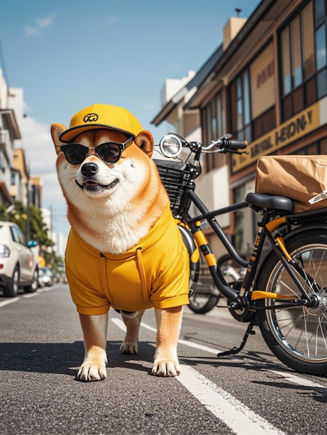 a dog wearing a yellow hat and sunglasses stands in the street