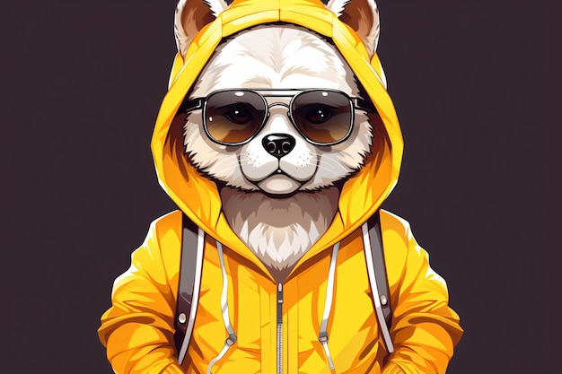 a dog wearing a yellow jacket and sunglasses