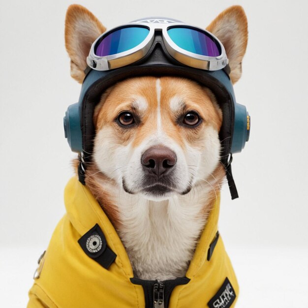 a dog wearing a yellow jacket with the google logo on it