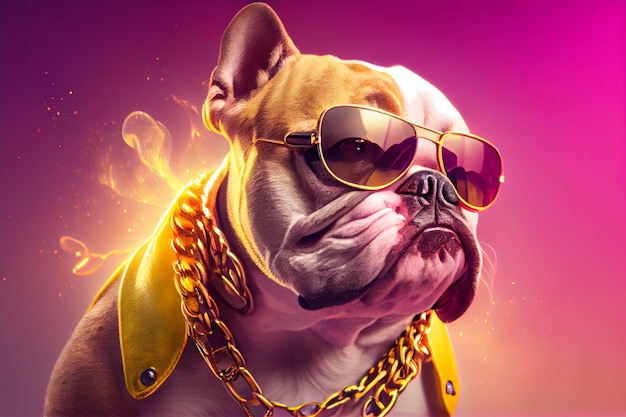 A dog wearing a yellow shirt and gold sunglasses is sitting in front of a purple background.