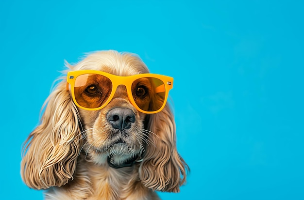 Dog Wearing Yellow Sunglasses on Blue Background