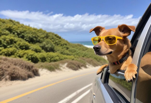 a dog wearing yellow sunglasses is sitting in a car