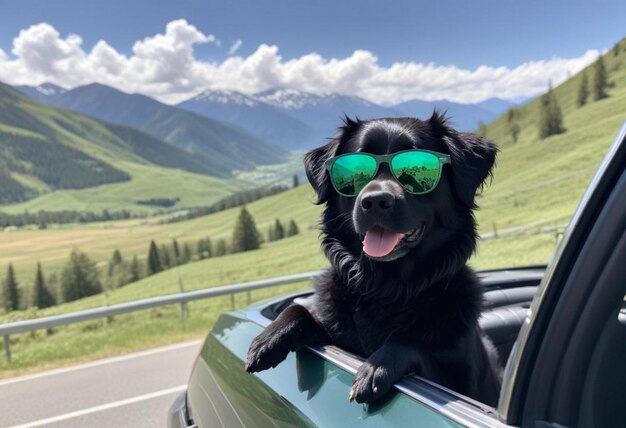 Photo a dog wearing yellow sunglasses is sitting in a car