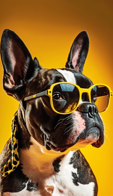 A dog wearing a yellow sunglasses and a yellow background