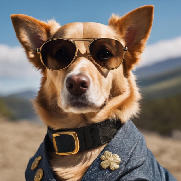 A dog wears a jacket and sunglasses