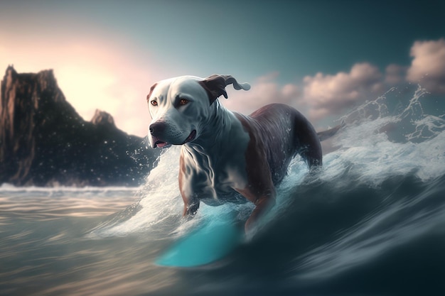 dog Wears swimwear, Surfing in the water, Cinematic landscape. Generative ai