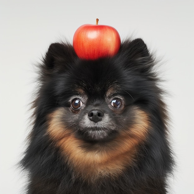 Photo a dog with an apple on its head is looking up