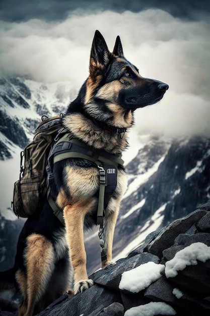 Dog with backpack standing on top of snow covered mountain with mountains in the background Generative AI