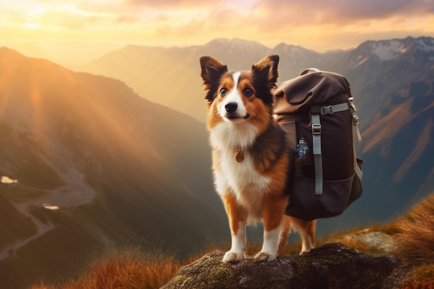 A dog with a backpack stands on a rock in front of a sunset.