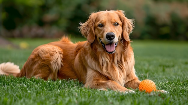 Photo a dog with a ball in the grass with a dog laying on the grass