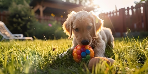 a dog with a ball in the grass with a dog toy