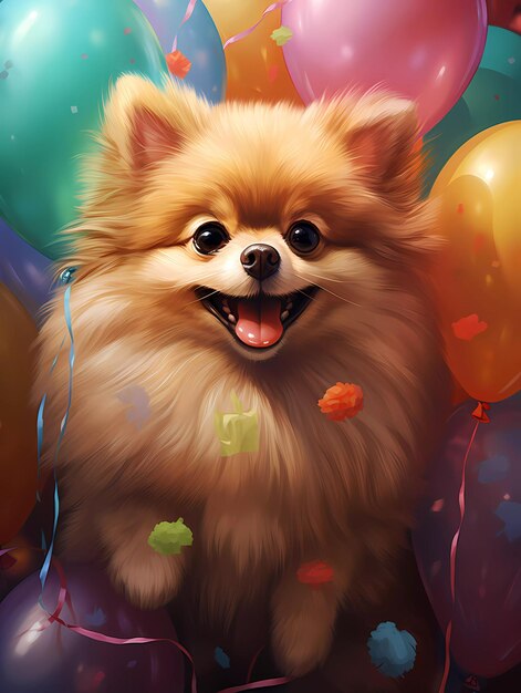 a dog with balloons and a banner that says quot happy birthday quot