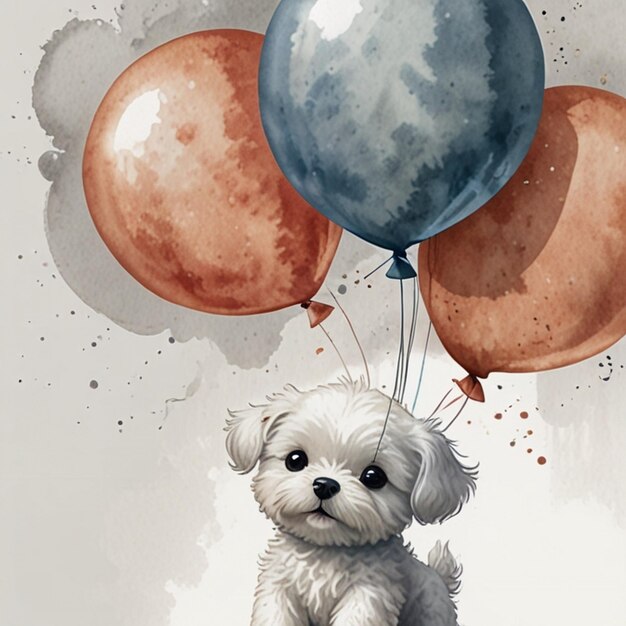 a dog with balloons that say  the dog  on it