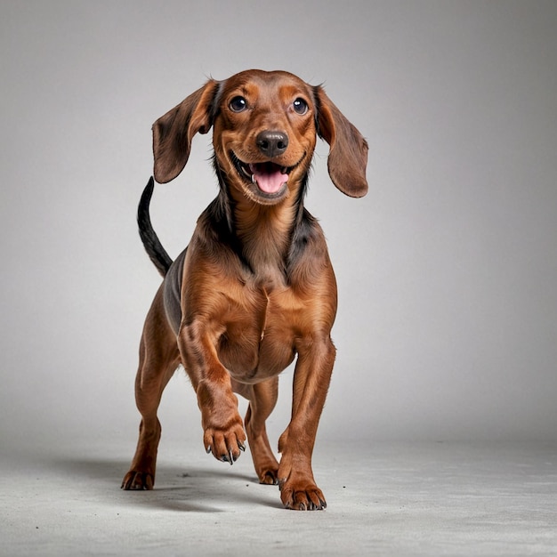 a dog with a big floppy ear is standing on a white background