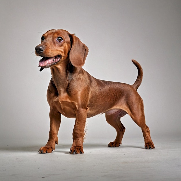 a dog with a big floppy ear is standing on a white background