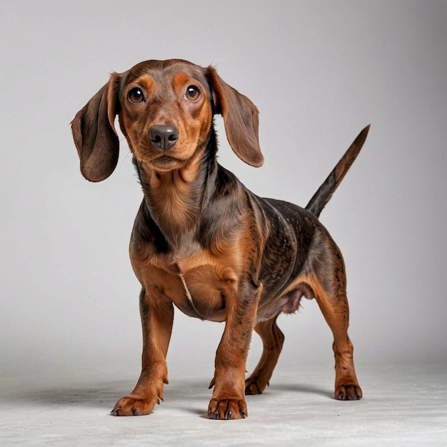 a dog with a big floppy ear is standing on a white background