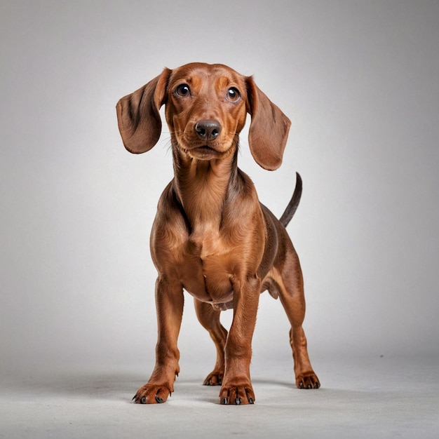 a dog with a big floppy ear is standing on a white background