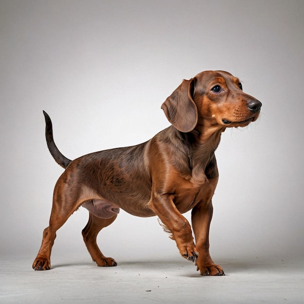 a dog with a big floppy ear is standing on a white background