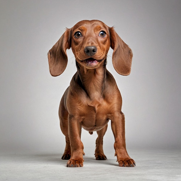 a dog with a big floppy ear is standing on a white background