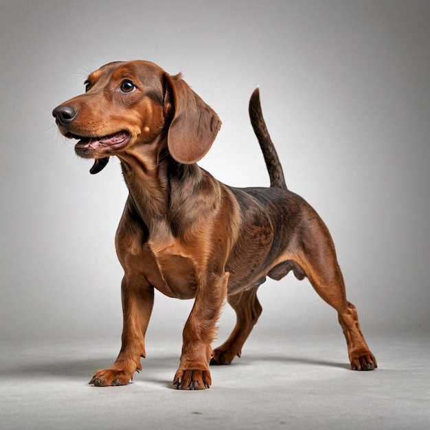 a dog with a big floppy ear is standing on a white background