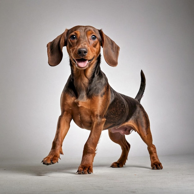 a dog with a big floppy ear is standing on a white background