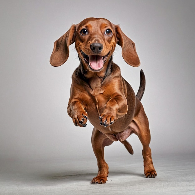 a dog with a big floppy ear is standing on a white background