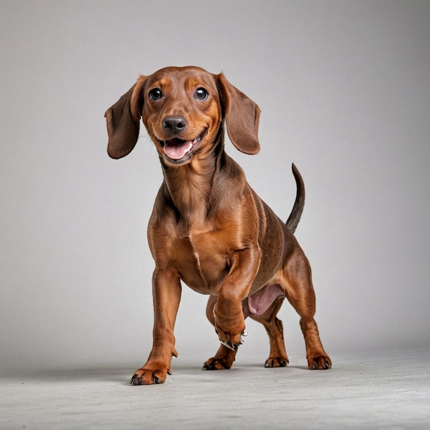 a dog with a big floppy ear is standing on a white background