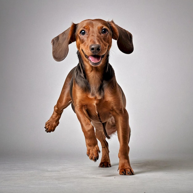 a dog with a big floppy ear is standing on a white background