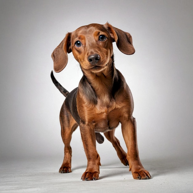 a dog with a big floppy ear is standing on a white background