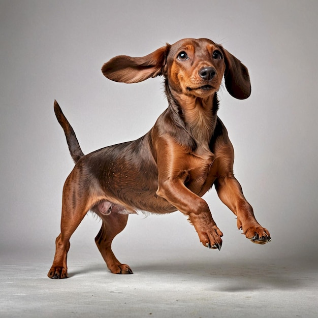 a dog with a big floppy ear is standing on a white background