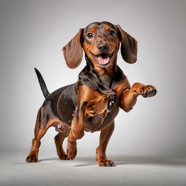 a dog with a big floppy ear is standing on a white background