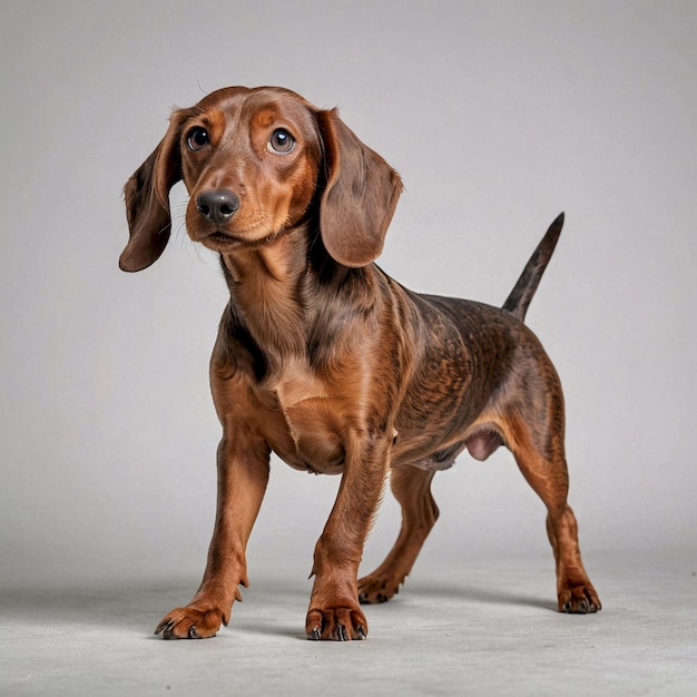 a dog with a big floppy ear is standing on a white background