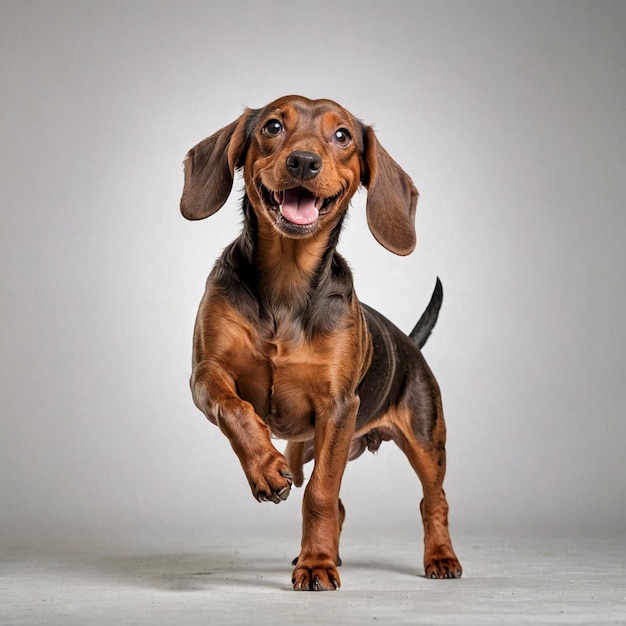 a dog with a big floppy ear is standing on a white background