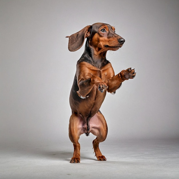 a dog with a big floppy ear is standing on a white background