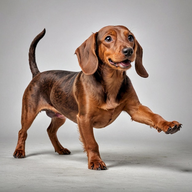 a dog with a big floppy ear is standing on a white background