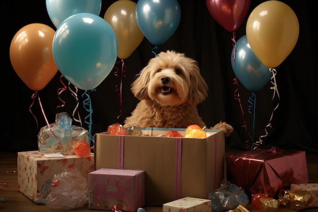 dog with birthday box and balloons