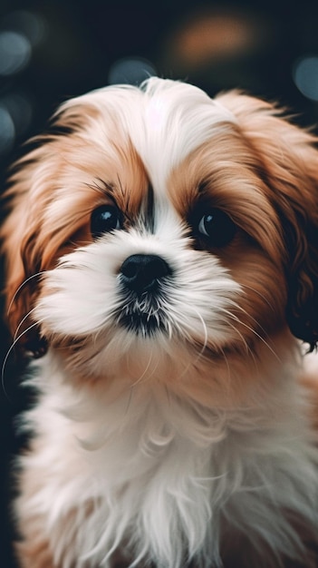 A dog with a black background and a white face that says shih tzu.