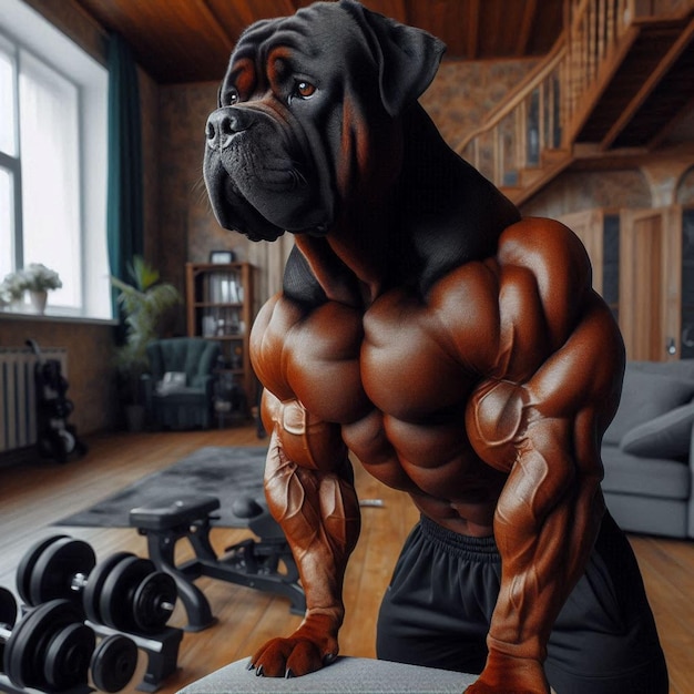 a dog with a black body standing on a scale with a barbell in the background