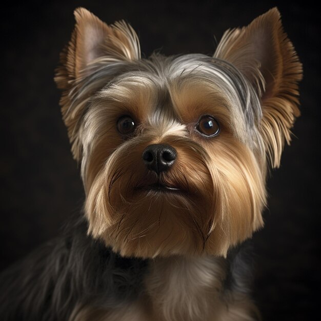 A dog with a black nose and black nose is sitting in front of a dark background.